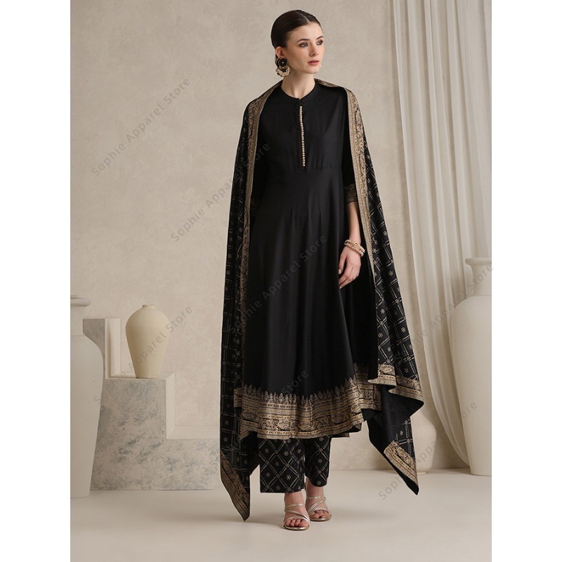 Salwar Kameez Set - Elegante nero indiano Salwar Kameez Dupatta